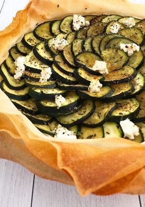 A picture of Brick Pastry Tart with Zucchini and Goat Cheese.