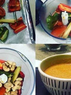 Una foto de Crema de tomate, pimientos y cebollín con castañas de cajú!!