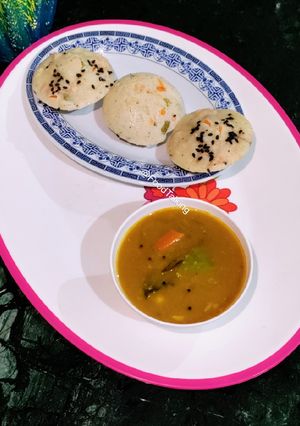 A picture of Rice flour Instant Idlis, Sambar.