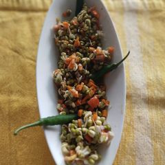A picture of Sprouted moong salad with Khatti meethi chutney.