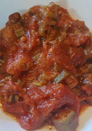 A picture of Μπάμιες/Bamies--Greek style braised okra with tomatoes.