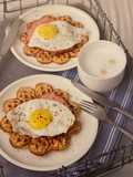 Pumpernickel Waffles with Leberkäse and Fried Eggs