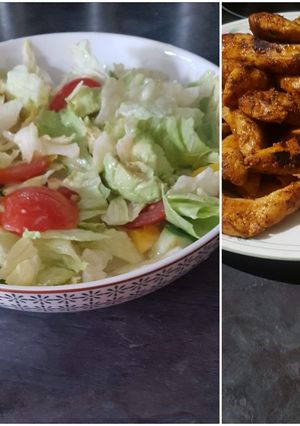 A picture of Avocado salad with grilled chicken.