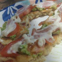 A picture of Bacon Tomato Guac Pancakes.