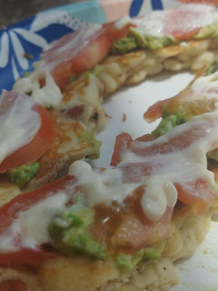 A picture of Bacon Tomato Guac Pancakes.