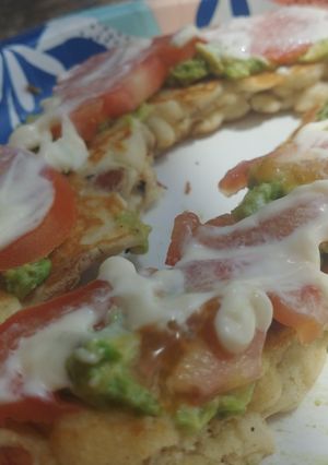 A picture of Bacon Tomato Guac Pancakes.