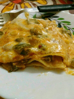 A picture of Lasagna in microwave.