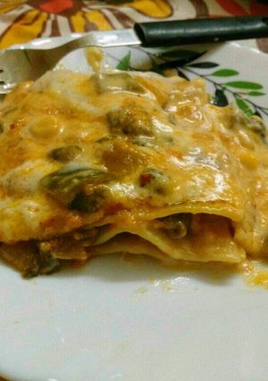 A picture of Lasagna in microwave.