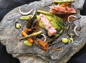 Una foto de Tataki de atún con texturas de vegetales