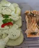 Salmón al romero y papas con salsa de yogurt y rocoto