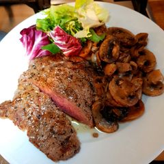 A picture of Steak and mushrooms.