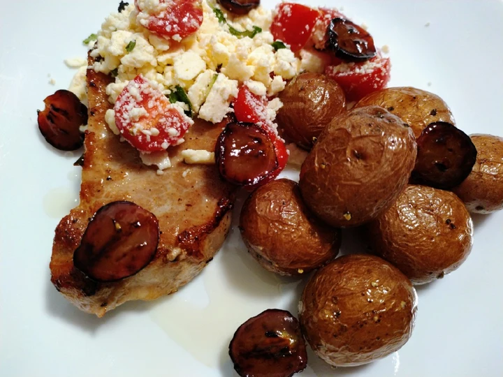 Simple Way Make Recipe Baked pork chop, feta, tomato, honey, truffled potatoes &amp;amp; grapes that is Delicious, Tasty}