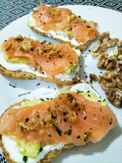 A picture of Smoked Salmon Toast with Avocado and Whipped Cheese with a Gorgonzola Touch.