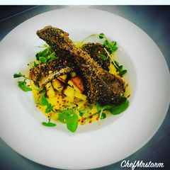 A picture of Coffee and Sage+Onion Stuffing Rub-Marinated Lamb Cutlets with Herby Potatoes and Bèarnise Sauce.