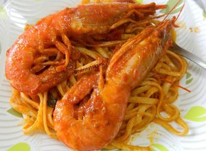 Foto resep Linguine con Gamberoni, Linguine Udang saos tomat