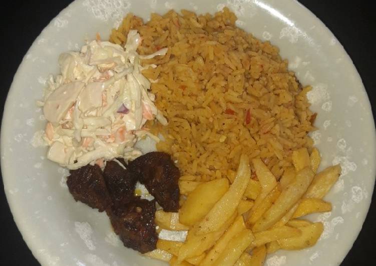 Simple Way to Make Favorite Jollof rice,chips, pepper meat n coleslaw | Quick Recipe For One
