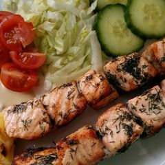 A picture of Vickys Lemon & Dill Salmon Skewers GF DF EF SF NF.