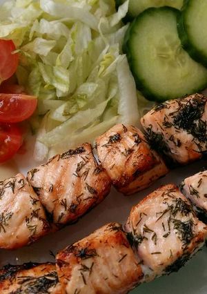 A picture of Vickys Lemon & Dill Salmon Skewers GF DF EF SF NF.
