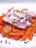 Tagliata di braciola di vitello (600gr) con crema di gorgonzola con nocciole, e peperoni