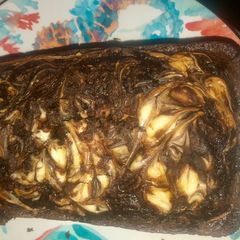 A picture of Caramel Cream cheese swirl brownie loaf.