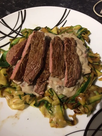 Easy Way Make Recipe Mushroom and garlic sauce with courgette ribbons and pan fried steak that is Perfect, So Delicious}