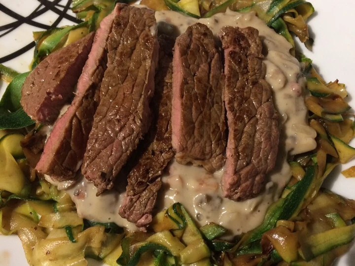 Easy Way Make Recipe Mushroom and garlic sauce with courgette ribbons and pan fried steak that is Perfect, So Delicious}
