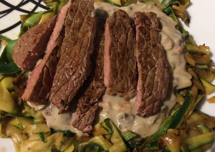 Mushroom and garlic sauce with courgette ribbons and pan fried steak