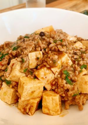 A picture of Spicy dish of Tofu and minced meat.