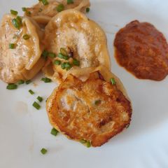 Prawn Potstickers with Chilli Garlic sauce A picture of Prawn Potstickers with Chilli Garlic sauce.