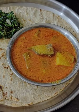 A picture of Jowar Bhakri with brinjal potato vegetable curry.