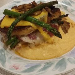 A picture of Brad's stuffed double cut pork chops.