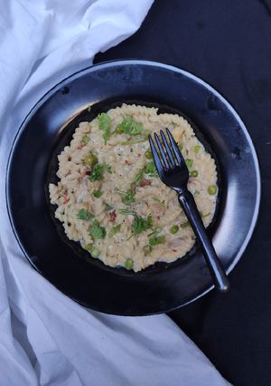 A picture of Chicken white sauce pasta.