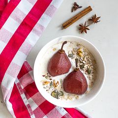 Overnight oats with poached pears A picture of Overnight oats with poached pears.