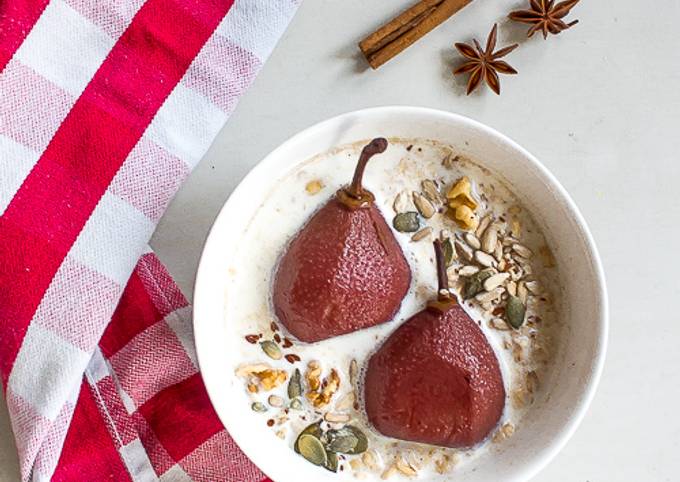 Overnight oats with poached pears