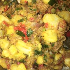 A picture of Boiled Potato with sauce & shred chicken🥘.