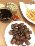 Beef Sausage Fondue with bbq sauce and mushroom sauce