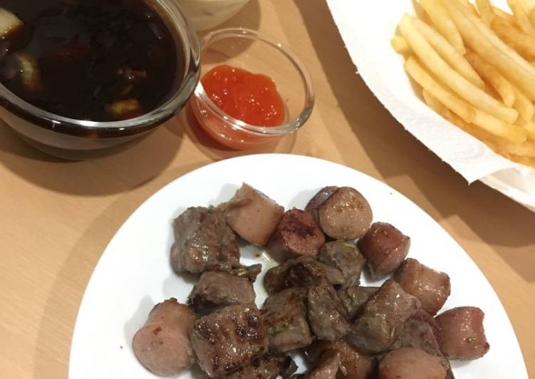 Beef Sausage Fondue with bbq sauce and mushroom sauce