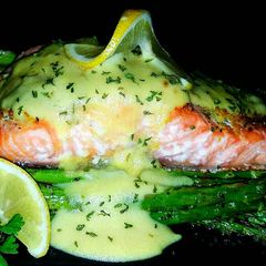 A picture of Mike's EZ Baked Salmon & Asparagus W/ Hollandaise.