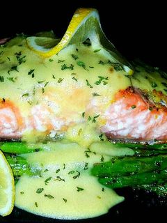 A picture of Mike's EZ Baked Salmon & Asparagus W/ Hollandaise.
