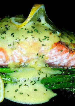 A picture of Mike's EZ Baked Salmon & Asparagus W/ Hollandaise.