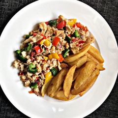 A picture of Scrambled Eggs with Irish Potatoes Fries.