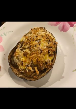 A picture of Baked Eggplant with Tuna and Cheese.