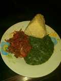 Omena fried, pumpkin leaves mixed with mrenda and ugali