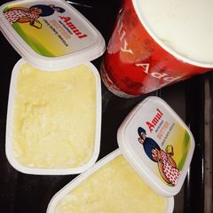 A picture of Salted and unsalted butter and buttermilk.