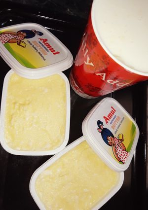 A picture of Salted and unsalted butter and buttermilk.