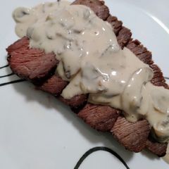 A picture of Roast beef with blue cheese mushroom sauce.