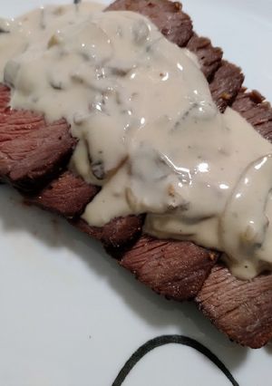 A picture of Roast beef with blue cheese mushroom sauce.