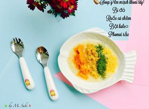 Hình của món Soup yến mạch khoai tây bí đỏ ruốc cá chẽm bột kale phomai rắc.