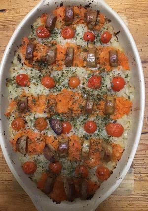 Une photo de Gratin de topinambours et carottes à la saucisse du Jura
