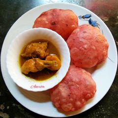 Beetroot Kachori with Chicken curry A picture of Beetroot Kachori with Chicken curry.